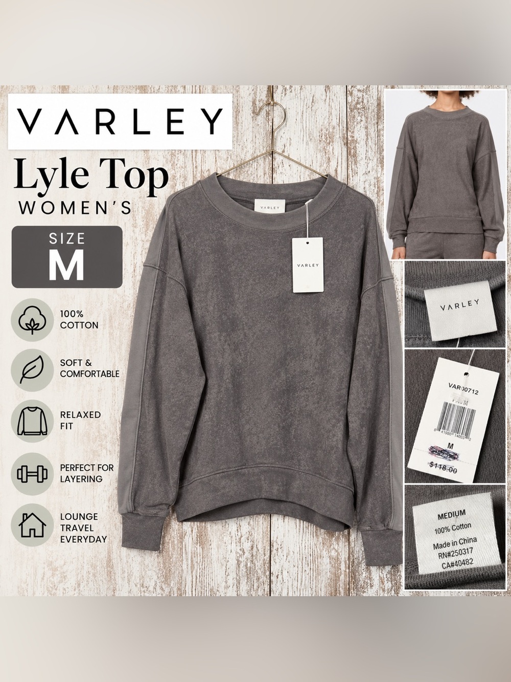 VARLEY Lyle Top Women’s Medium Gray 100% Cotton NWT